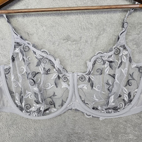 Soma 44DDD‎ Sensuous Lace Unlined Bra Gray Black Embroidered Sheer Floral - Picture 3 of 9